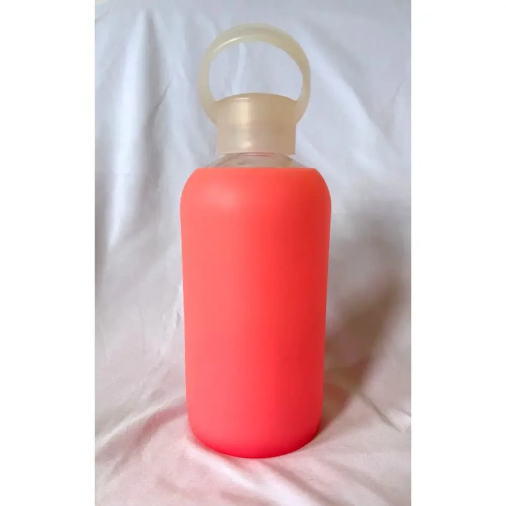 Rosy bkr Glass Water Bottle Sheer Hot Pink Silicone Sleeve- Little 500ml/ 16oz.